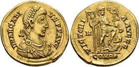 Arcadius, 383-408. Solidus (Gold, 20 mm, 4.36 g, 12 h), Mediolanum, circa 395-402. D N ARCADI-VS P F AVG Pearl-diademed, draped and cuirassed bust of ...