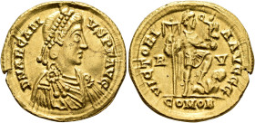 Arcadius, 383-408. Solidus (Gold, 21 mm, 4.46 g, 12 h), Ravenna, 402-408. D N ARCADI-VS P F AVG Pearl-diademed, draped and cuirassed bust of Arcadius ...