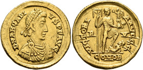 Arcadius, 383-408. Solidus (Gold, 21 mm, 4.38 g, 12 h), Ravenna, 402-408. D N ARCADI-VS P F AVG Pearl-diademed, draped and cuirassed bust of Arcadius ...