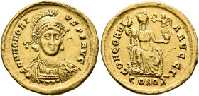 Honorius, 393-423. Solidus (Gold, 20 mm, 4.45 g, 6 h), Constantinopolis, 395-402. D N HONORI-VS P F AVG Pearl-diademed, helmeted and cuirassed bust of...
