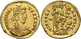 Honorius, 393-423. Solidus (Gold, 21 mm, 4.49 g, 12 h), Mediolanum, 397-402. D N HONORI-VS P F AVG Pearl-diademed, draped and cuirassed bust of Honori...