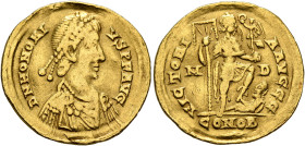 Honorius, 393-423. Solidus (Gold, 21 mm, 4.36 g, 6 h), Mediolanum, 397-402. D N HONORI-VS P F AVG Pearl-diademed, draped and cuirassed bust of Honoriu...