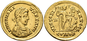 Honorius, 393-423. Solidus (Gold, 21 mm, 4.43 g, 6 h), Mediolanum, 397-402. D N HONORI-VS P F AVG Pearl-diademed, draped and cuirassed bust of Honoriu...