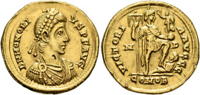 Honorius, 393-423. Solidus (Gold, 21 mm, 4.50 g, 6 h), Mediolanum, 397-402. D N HONORI-VS P F AVG Pearl-diademed, draped and cuirassed bust of Honoriu...