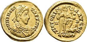 Honorius, 393-423. Solidus (Gold, 21 mm, 4.54 g, 6 h), Mediolanum, 397-402. D N HONORI-VS P F AVG Pearl-diademed, draped and cuirassed bust of Honoriu...