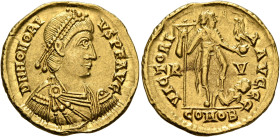 Honorius, 393-423. Solidus (Gold, 20 mm, 4.46 g, 6 h), Ravenna, 402-406. D N HONORI-VS P F AVG Pearl-diademed, draped and cuirassed bust of Honorius t...