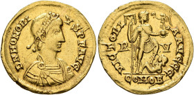 Honorius, 393-423. Solidus (Gold, 21 mm, 4.47 g, 6 h), Ravenna, circa 402-406. D N HONORI-VS P F AVG Pearl-diademed, draped and cuirassed bust of Hono...