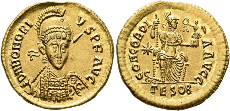 Honorius, 393-423. Solidus (Gold, 21 mm, 4.33 g, 12 h), Thessalonica, 408-420. D...