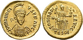 Honorius, 393-423. Solidus (Gold, 21 mm, 4.33 g, 12 h), Thessalonica, 408-420. D N HONORI-VS P F AVG Helmeted, pearl-diademed and cuirassed bust of Ho...