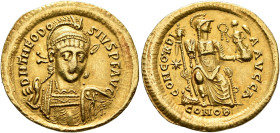Theodosius II, 402-450. Solidus (Gold, 20 mm, 4.43 g, 6 h), Constantinopolis, 408-420. D N THEODO-SIVS P F AVG Helmeted, pearl-diademed and cuirassed ...