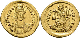 Theodosius II, 402-450. Solidus (Gold, 20 mm, 4.14 g, 6 h), Constantinopolis, 430-440. D N THEODO-SIVS P F AVG Helmeted, pearl-diademed and cuirassed ...