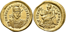 Theodosius II, 402-450. Solidus (Gold, 21 mm, 4.36 g, 6 h), Constantinopolis, 430-440. D N THEODO-SIVS P F AVG Helmeted, pearl-diademed and cuirassed ...