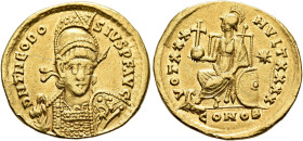 Theodosius II, 402-450. Solidus (Gold, 20 mm, 3.86 g, 6 h), Constantinopolis, 430-440. D N THEODO-SIVS P F AVG Helmeted, pearl-diademed and cuirassed ...