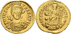 Theodosius II, 402-450. Solidus (Gold, 19 mm, 4.48 g, 6 h), a contemporary imitation of an issue from Constantinopolis, 443-450. D N THEODOSI-VS P F A...