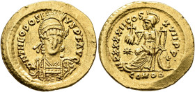 Theodosius II, 402-450. Solidus (Gold, 20 mm, 4.58 g, 6 h), Constantinopolis, 443-450. D N THEODOSIVS P F AVG Pearl-diademed, helmeted and cuirassed b...
