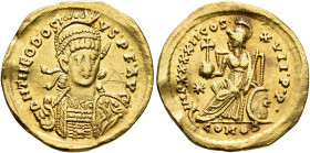 Theodosius II, 402-450. Solidus (Gold, 20 mm, 4.03 g, 6 h), Constantinopolis, 443-450. D N THEODOSI-VS•P•F•AVG Helmeted, pearl-diademed and cuirassed ...