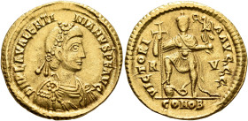 Valentinian III, 425-455. Solidus (Gold, 21 mm, 4.47 g, 6 h), Ravenna, 426-430. D N PLA VALENTI-NIANVS P F AVG Pearl-and-rosette-diademed, draped and ...