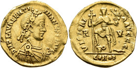 Valentinian III, 425-455. Solidus (Gold, 21 mm, 4.33 g, 12 h), Ravenna, circa 430-445. D N PLA VALENTI-NIANVS P F AVG Pearl-and-rosette-diademed, drap...