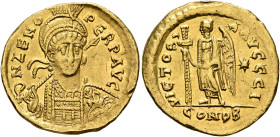 Zeno, second reign, 476-491. Solidus (Gold, 20 mm, 4.49 g, 6 h), Constantinopolis. D N ZENO PERP AVG Pearl-diademed, helmeted and cuirassed bust of Ze...