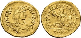 Zeno, second reign, 476-491. Tremissis (Gold, 14 mm, 1.51 g, 6 h), Constantinopolis. D N ZEnO PERP AVG Diademed, draped and cuirassed bust of Zeno to ...