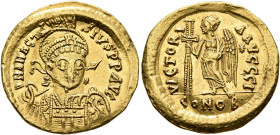 Anastasius I, 491-518. Solidus (Gold, 21 mm, 4.48 g, 6 h), Constantinopolis, 491-498. D N ANASTASIVS P P AVG Pearl-diademed, helmeted and cuirassed bu...
