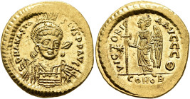 Anastasius I, 491-518. Solidus (Gold, 21 mm, 4.49 g, 6 h), Constantinopolis, circa 492-507. D N ANASTA-SIVS P P AVG Pearl-diademed, helmeted and cuira...