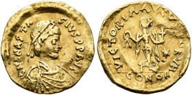Anastasius I, 491-518. Tremissis (Gold, 14 mm, 1.50 g, 6 h), Constantinopolis. D N ANASTASIVS P P AVG Pearl-diademed, draped and cuirassed bust of Ana...