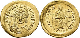 Justinian I, 527-565. Solidus (Gold, 21 mm, 4.50 g, 6 h), Constantinopolis, 545-565. D N IVSTINIANVS P P AVG Helmeted and cuirassed bust of Justinian ...