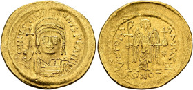 Justinian I, 527-565. Solidus (Gold, 22 mm, 4.46 g, 7 h), Constantinopolis, 545. D N IVSTINIANVS P P AVI Helmeted and cuirassed bust of Justinian I fa...