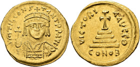 Tiberius II Constantine, 578-582. Solidus (Gold, 20 mm, 4.37 g, 6 h), Constantinopolis, 579-852. δ m TIb CONSTANT P P AVI Draped and cuirassed bust of...
