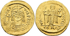 Maurice Tiberius, 582-602. Solidus (Gold, 21 mm, 4.37 g, 6 h), Constantinopolis, 583-601. O N mAVRC TIb P P AVC Draped and cuirassed bust of Maurice T...