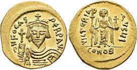 Phocas, 602-610. Solidus (Gold, 21 mm, 4.34 g, 7 h), Constantinopolis, 607-610. δ N FOCAS PERP AVC Draped and cuirassed bust of Phocas facing, wearing...