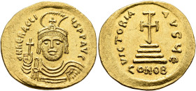 Heraclius, 610-641. Solidus (Gold, 22 mm, 4.40 g, 6 h), Constantinopolis, 610-613. d N hERACLIЧS P P AVC Draped and cuirassed bust of Heraclius facing...