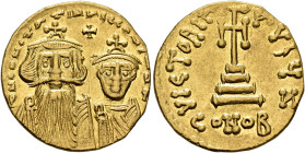 Heraclius, with Heraclius Constantine, 610-641. Solidus (Gold, 20 mm, 4.44 g, 6 h), Constantinopolis, circa 616-625. dd NN hERACLIЧS ET hERA CONST P P...