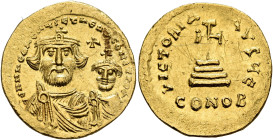 Heraclius, with Heraclius Constantine, 610-641. Solidus (Gold, 21 mm, 4.44 g, 7 h), Constantinopolis, circa 616-625. dd NN hERACLIЧS ET hERA CONST P P...