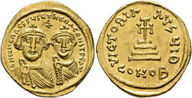 Heraclius, with Heraclius Constantine, 610-641. Solidus (Gold, 21 mm, 4.47 g, 6 h), Constantinopolis, circa 626-629. dd NN hERACLIЧS ET hERA CONST P P...