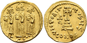 Heraclius, with Heraclius Constantine and Heraclonas, 610-641. Solidus (Gold, 19 mm, 4.36 g, 6 h), Constantinopolis, circa 639-641. Heraclius, Heracli...