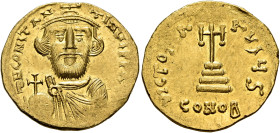 Constans II, 641-668. Solidus (Gold, 20 mm, 4.46 g, 7 h), Constantinopolis, 650-651. δ N CONSTANTINЧS P P AV Crowned, draped and short-bearded bust of...