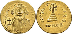Constans II, 641-668. Solidus (Gold, 20 mm, 4.51 g, 6 h), Constantinopolis, 651-654. δ N CONSTANTINЧS P P AVI Crowned and draped bust of Constans II f...