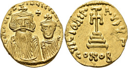 Constans II, with Constantine IV, 641-668. Solidus (Gold, 20 mm, 4.46 g, 6 h), Constantinopolis, circa 654-659. δ N CONSTANTINЧS C CONSTA Crowned and ...