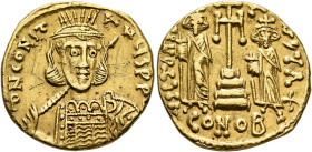 Constantine IV Pogonatus, with Heraclius and Tiberius, 668-685. Solidus (Gold, 19 mm, 4.44 g, 6 h), Constantinopolis, circa 669-674. d N CONSTANЧS PP ...