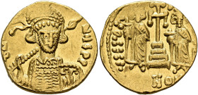 Constantine IV Pogonatus, with Heraclius and Tiberius, 668-685. Solidus (Gold, 18 mm, 4.35 g, 6 h), Constantinopolis, 674-681. d N [...]NЧS P P Helmet...