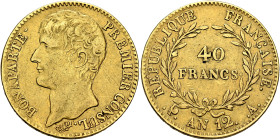 FRANCE, Premier République. Consulat. 1799-1804. 40 Francs Year 12 = 1803/4 A (Gold, 26 mm, 12.80 g, 7 h), Paris. BONAPARTE - PREMIER CONSUL. Bare hea...