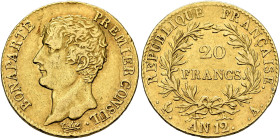 FRANCE, Premier République. Consulat. 1799-1804. 20 Francs Year 12 = 1803/4 A (Gold, 21 mm, 6.42 g, 6 h), Paris. BONAPARTE - PREMIER CONSUL. Bare head...