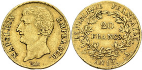 FRANCE, Premier Empire. Napoléon I, 1804-1814, 1815. 20 Francs Year 12 = 1803/4 A (Gold, 21 mm, 6.42 g, 6 h), Paris. NAPOLEON - EMPEREUR. Bare head of...