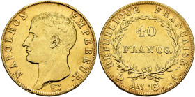 FRANCE, Premier République. Consulat. 1799-1804. 40 Francs Year 13 = 1804/5 A (Gold, 26 mm, 12.84 g, 6 h), Paris. NAPOLEON - EMPEREUR. Bare head of Na...