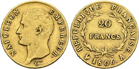 FRANCE, Premier Empire. Napoléon I, 1804-1814, 1815. 20 Francs 1806 A (Gold, 22 mm, 6.39 g, 6 h), Paris. NAPOLEON - EMPEREUR. Bare head of Napoléon I ...