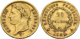FRANCE, Premier Empire. Napoléon I, 1804-1814, 1815. 20 Francs 1808 A (Gold, 21 mm, 6.42 g, 6 h), Paris. NAPOLEON - EMPEREUR. Laureate head of Napoléo...