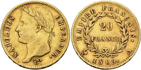 FRANCE, Premier Empire. Napoléon I, 1804-1814, 1815. 20 Francs 1809 A (Gold, 21 mm, 6.41 g, 6 h), Paris. NAPOLEON - EMPEREUR. Laureate head of Napoléo...