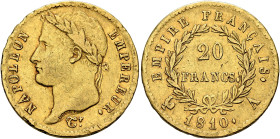 FRANCE, Premier Empire. Napoléon I, 1804-1814, 1815. 20 Francs 1810 A (Gold, 21 mm, 6.44 g, 6 h), Paris. NAPOLEON - EMPEREUR. Laureate head of Napoléo...